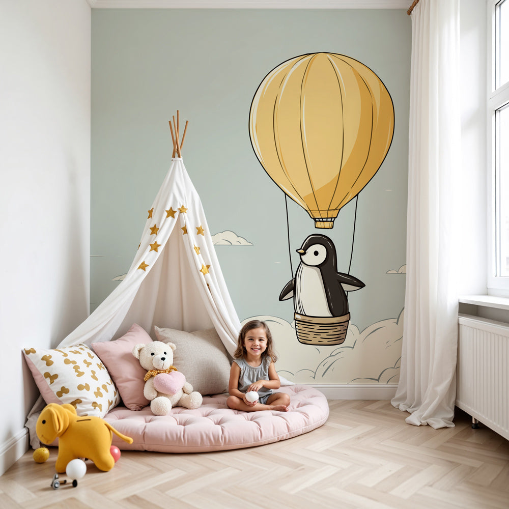 Kids-Mundo penguin hot air balloon wall mural made to measure in a soft sage-green nursery room