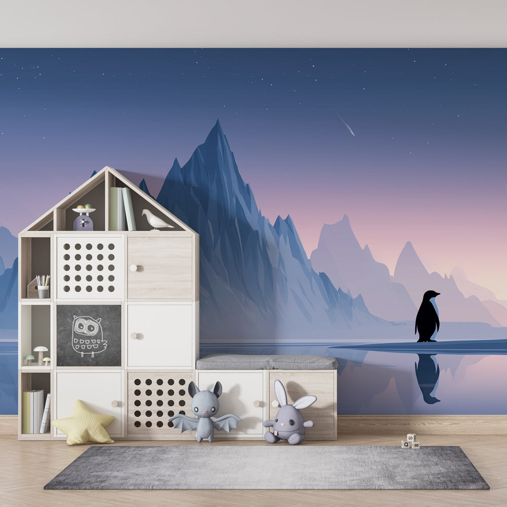 Arctic penguin wallpaper with glacial mountains in modern children's bedroom setting