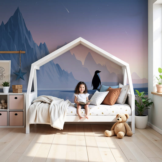 Penguin mountain mural wallpaper creating serene arctic nursery decor by Kids-Mundo