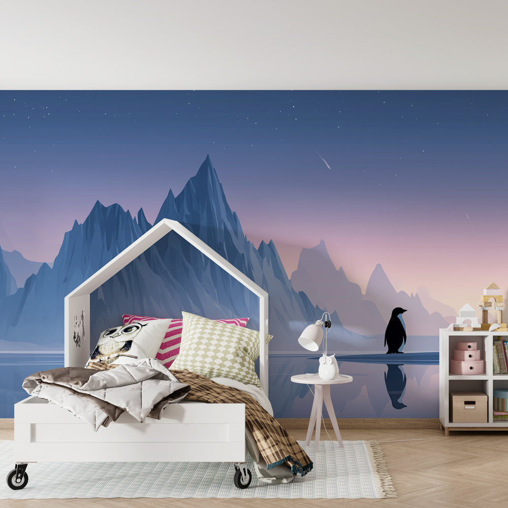 Mountain penguin mural wallpaper for kids playroom with natural wood furniture by Kids-Mundo