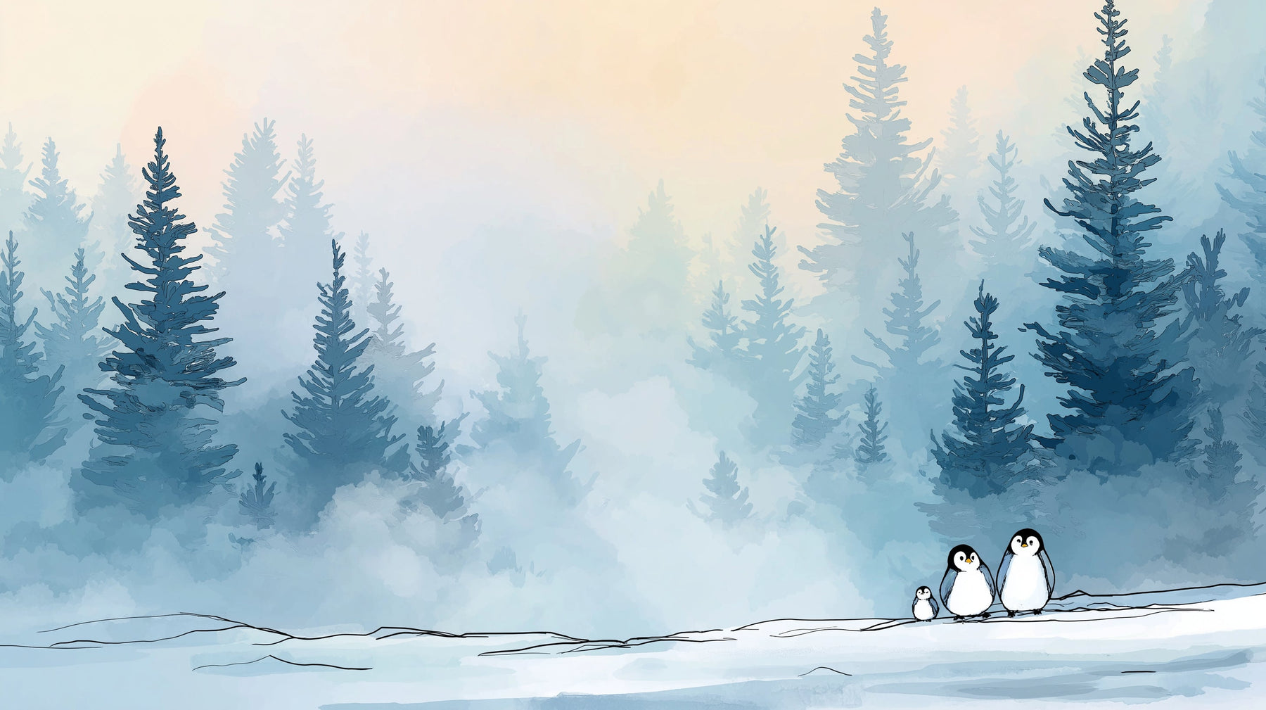 Detailed penguin winter forest mural wallpaper design pattern with arctic animals by Kids-Mundo