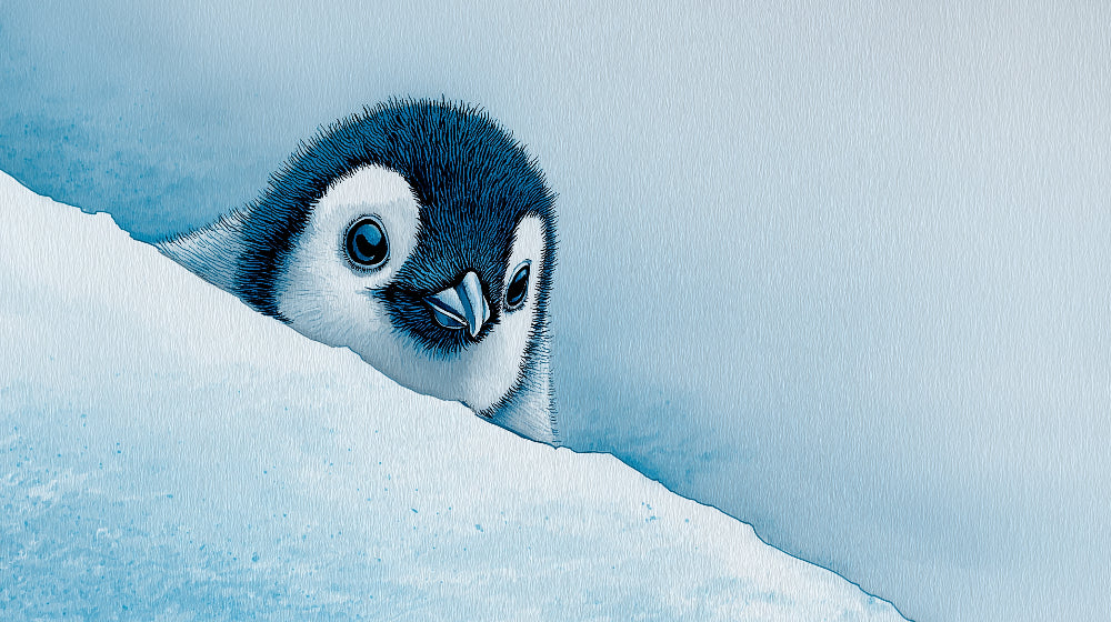 Detailed watercolor penguin mural wallpaper design pattern showing curious arctic penguin by Kids-Mundo