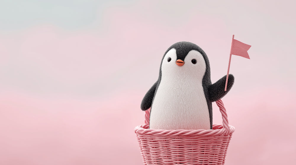 Detailed penguin in pink basket mural wallpaper design pattern by Kids-Mundo