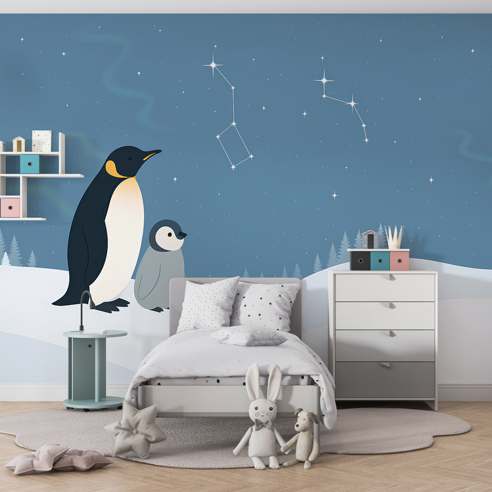 Arctic penguin family mural wallpaper transforming children's room into winter wonderland