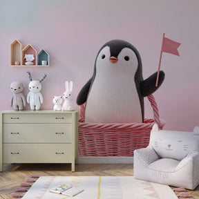 Adorable penguin with flag mural wallpaper transforming baby nursery space