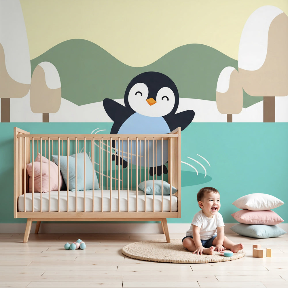 Happy penguin mural wallpaper in modern baby nursery with white crib by Kids-Mundo