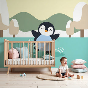 Happy penguin mural wallpaper in modern baby nursery with white crib by Kids-Mundo
