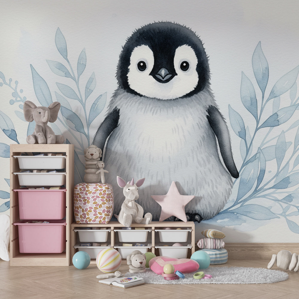 Aquatic penguin wallpaper transforming playroom into underwater adventure space for kids