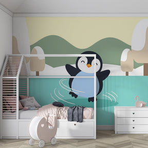 Adorable penguin mural wallpaper transforming toddler room into winter wonderland