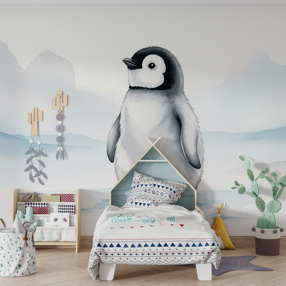 Baby penguin mural wallpaper with blue Arctic landscape for toddler room by Kids-Mundo