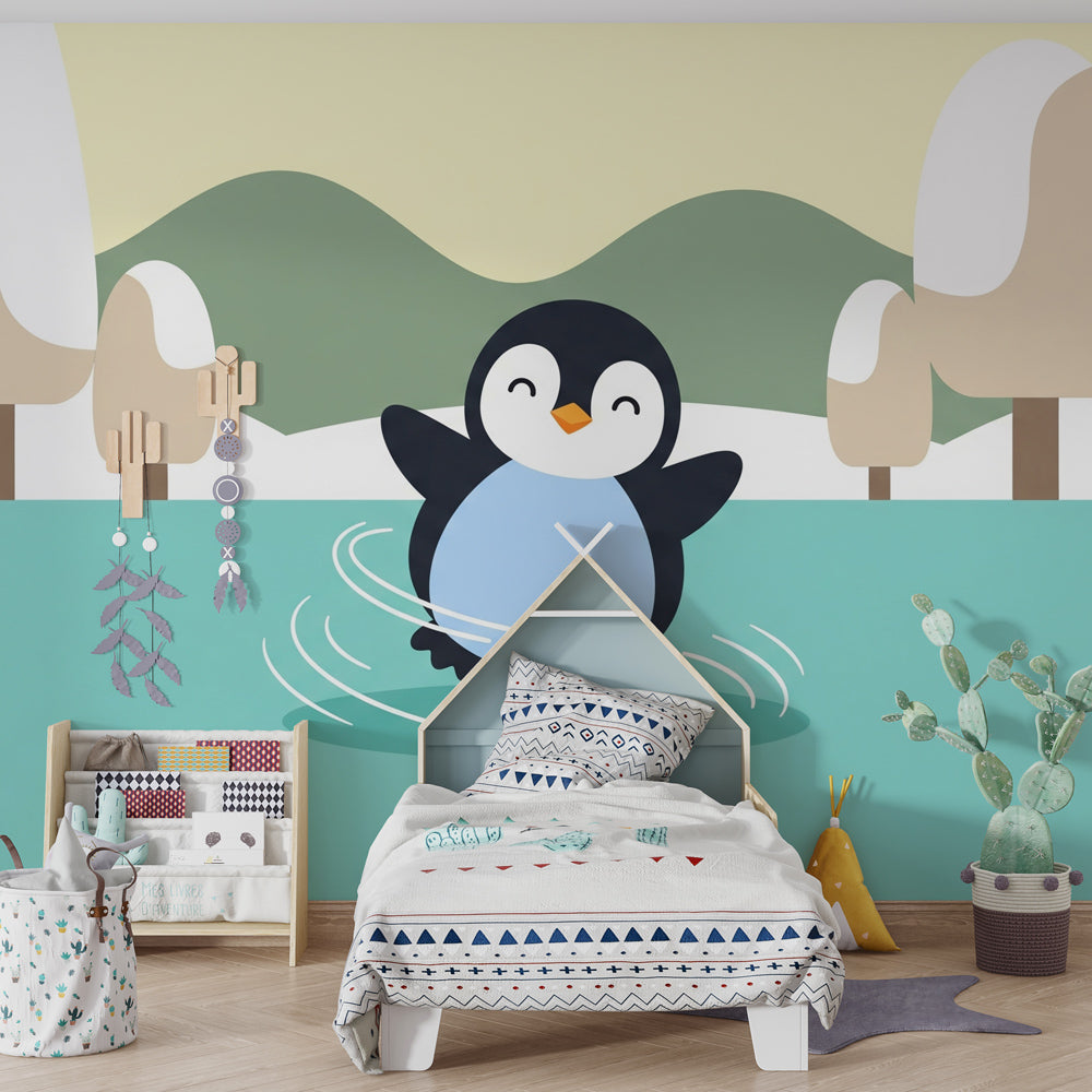 Winter penguin wallpaper creating cozy children's bedroom with snowy landscape theme