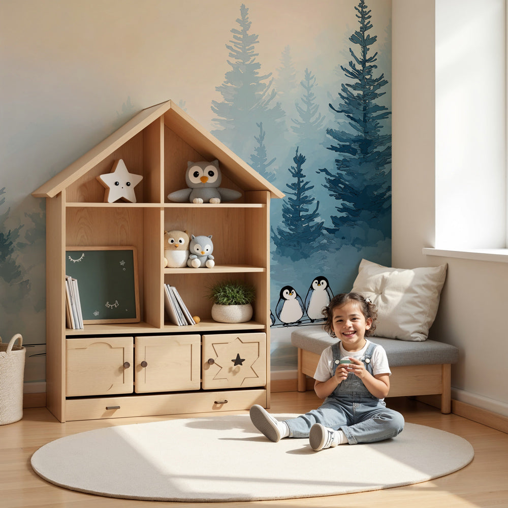 Penguin winter forest mural wallpaper in modern baby nursery with wooden crib by Kids-Mundo