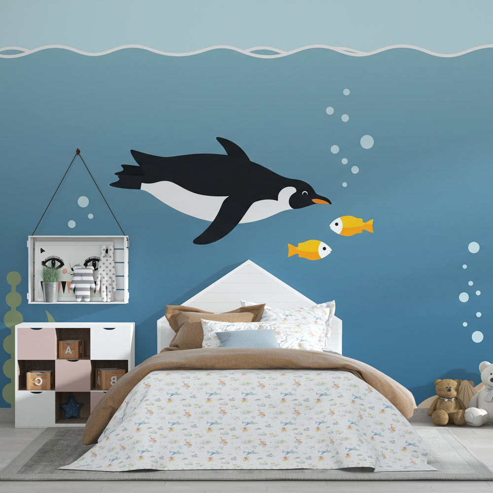 Underwater adventure mural wallpaper with penguin and marine life for kids bedroom