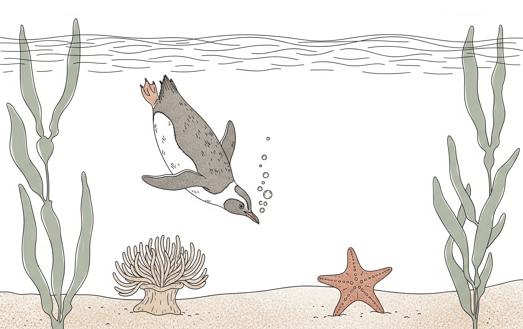 Detailed penguin underwater mural wallpaper design pattern with coral ocean elements by Kids-Mundo