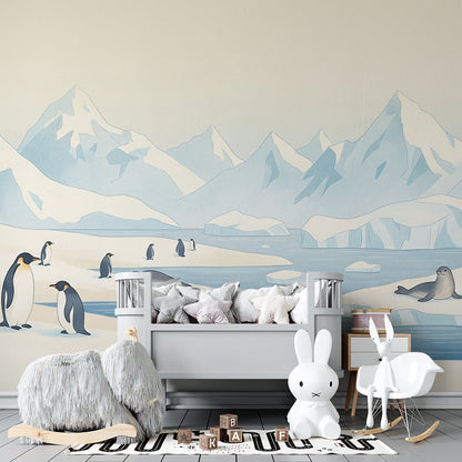 Kids-Mundo penguin and seal wall mural featured behind a child's bedroom bed
