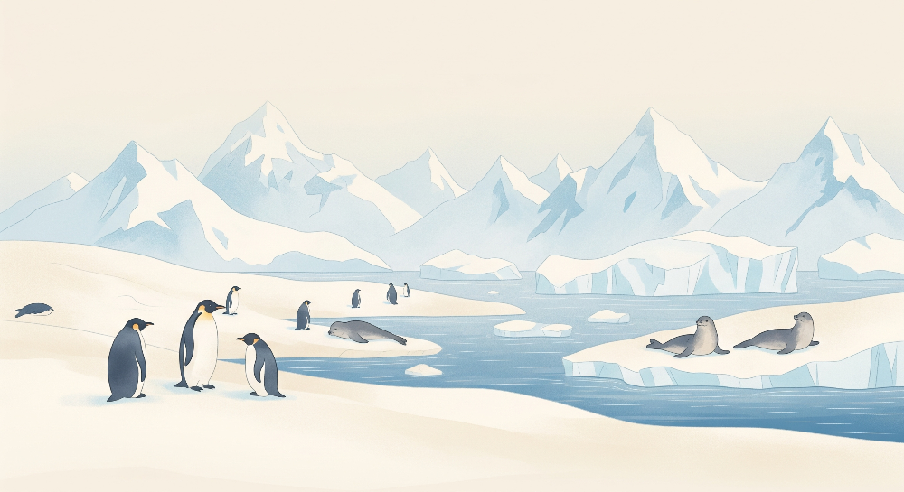 Penguins and Seals on an Icy Landscape Wall Mural