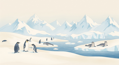 Kids-Mundo flat artwork of penguins and seals gathered on an icy landscape illustration