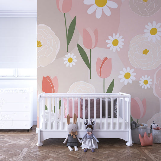Kids-Mundo floral wall mural with peonies and daisies shown on a kids bedroom wall.