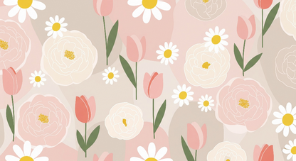 Kids-Mundo flat artwork preview of the peony, tulip and daisy floral wall mural.