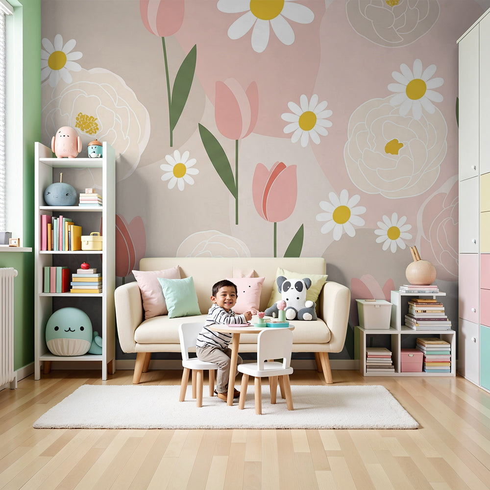 Kids-Mundo peony and tulip floral wall mural styled in a soft pink baby nursery.