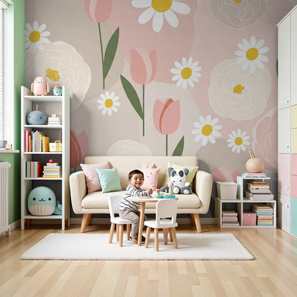 Kids-Mundo peony and tulip floral wall mural styled in a soft pink baby nursery.