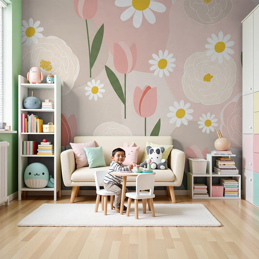Kids-Mundo peony and tulip floral wall mural styled in a soft pink baby nursery.