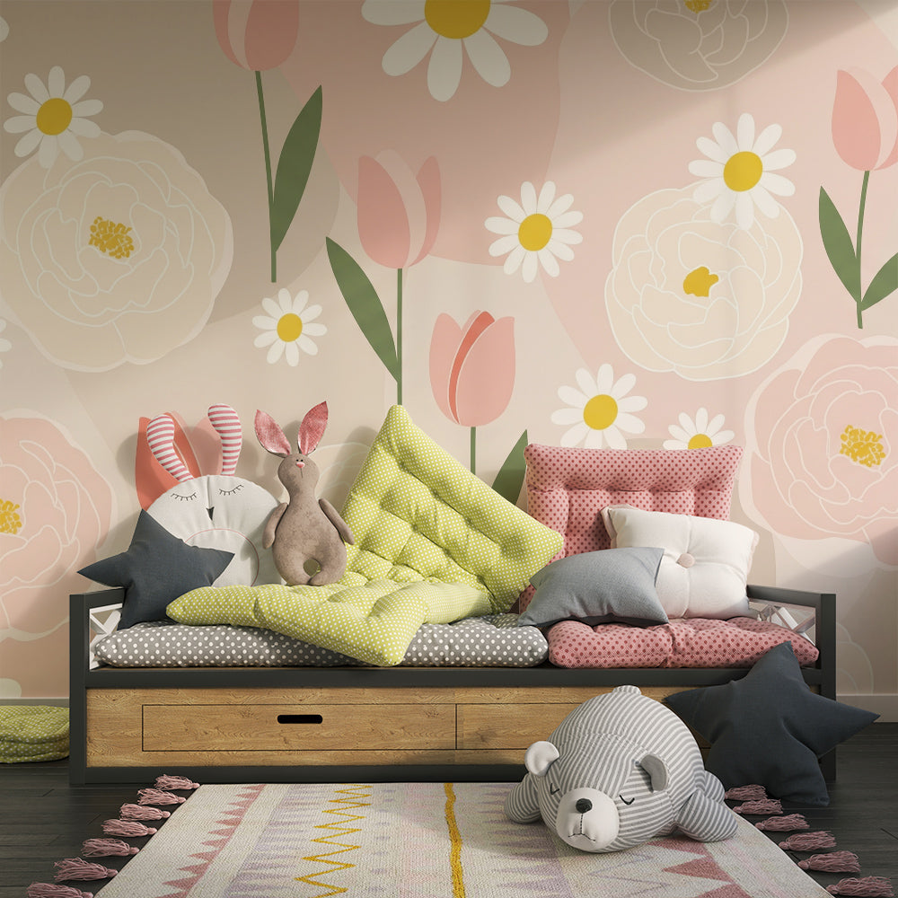 Kids-Mundo peony, tulip and daisy wall mural styled in a bright children's playroom.