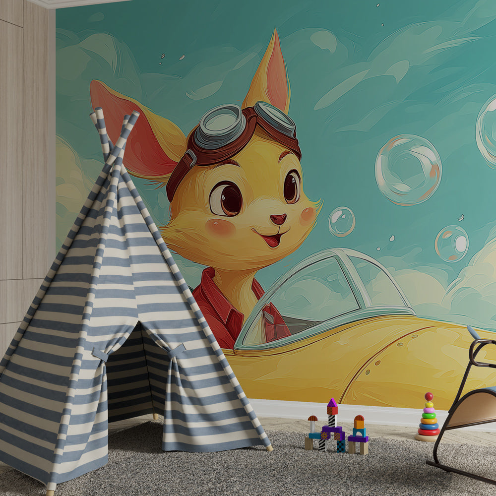 Little aviator mural wallpaper transforming children's playroom into sky adventure space