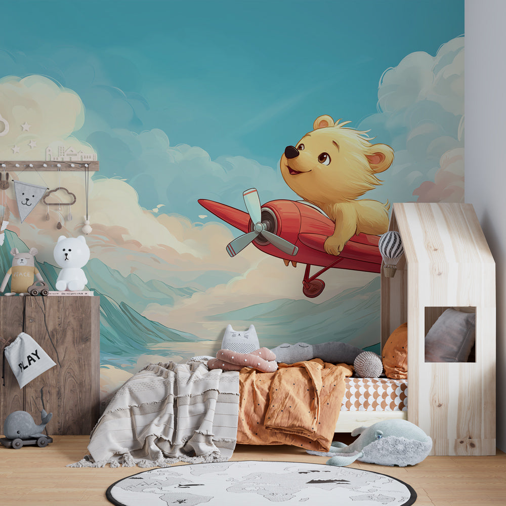 Aviation themed bear wallpaper creating adventurous children's bedroom decor