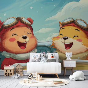 Aviation adventure wallpaper featuring pilot bears in children's bedroom decor by Kids-Mundo