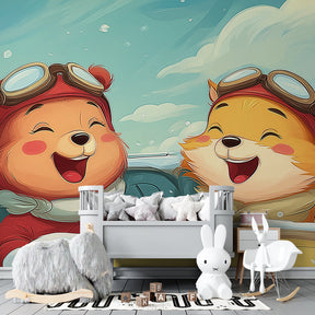Flying bears wallpaper creating magical aviation theme in kids playroom by Kids-Mundo