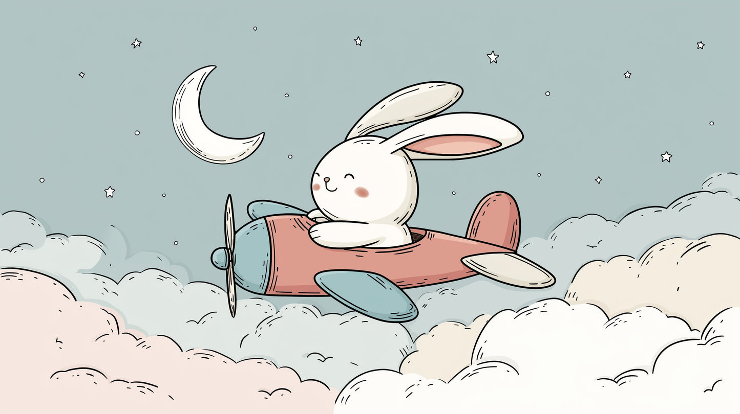 Detailed pilot bunny mural wallpaper design pattern with airplane, clouds and stars by Kids-Mundo
