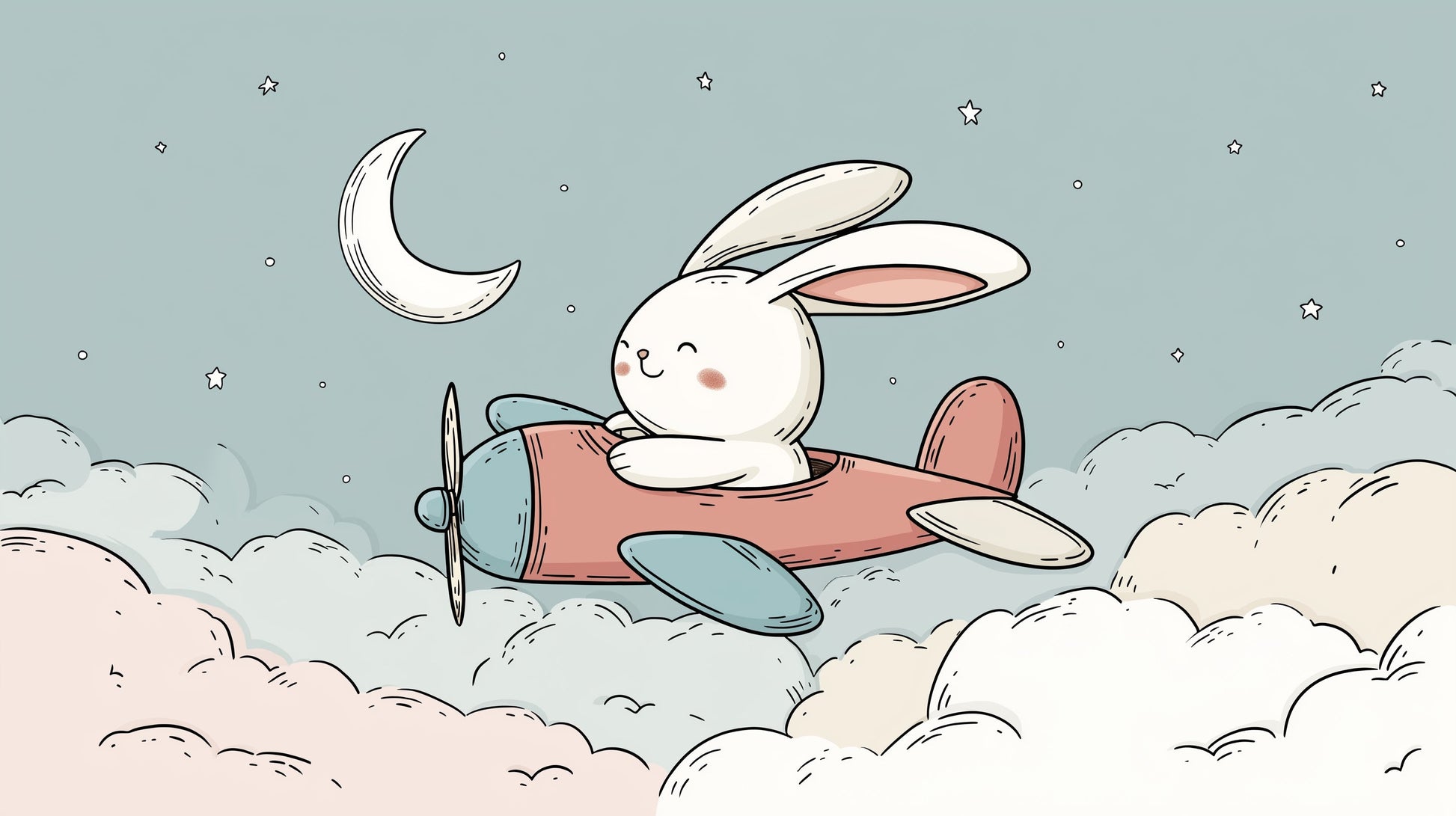 Detailed pilot bunny mural wallpaper design pattern with airplane, clouds and stars by Kids-Mundo