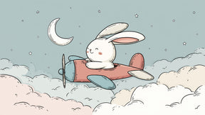 Detailed pilot bunny mural wallpaper design pattern with airplane, clouds and stars by Kids-Mundo