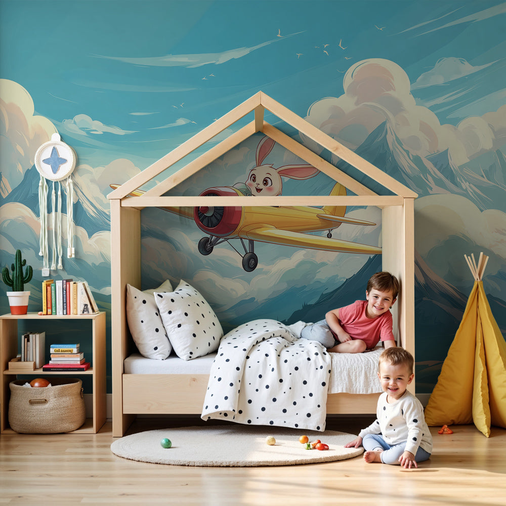 Pilot bunny aviation mural wallpaper in modern nursery with mountain landscape by Kids-Mundo