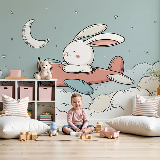 Pilot bunny mural wallpaper in modern nursery with crib and aviation decor by Kids-Mundo