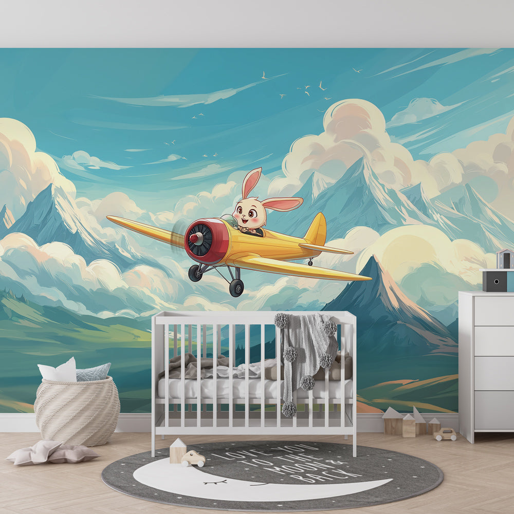 Aviation adventure mural wallpaper with bunny pilot transforming children's playroom space