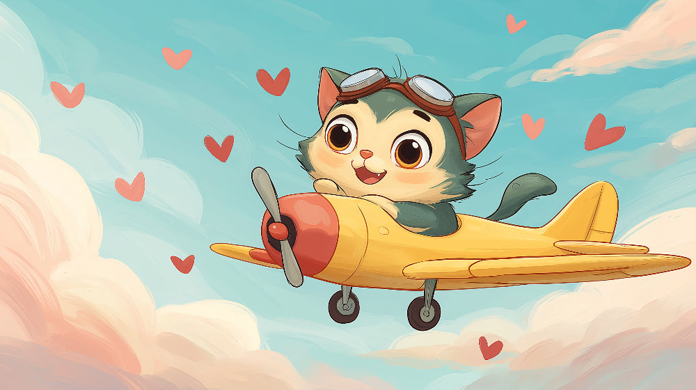 Detailed pilot cat mural wallpaper design pattern showing kitten aviator in yellow airplane by Kids-Mundo