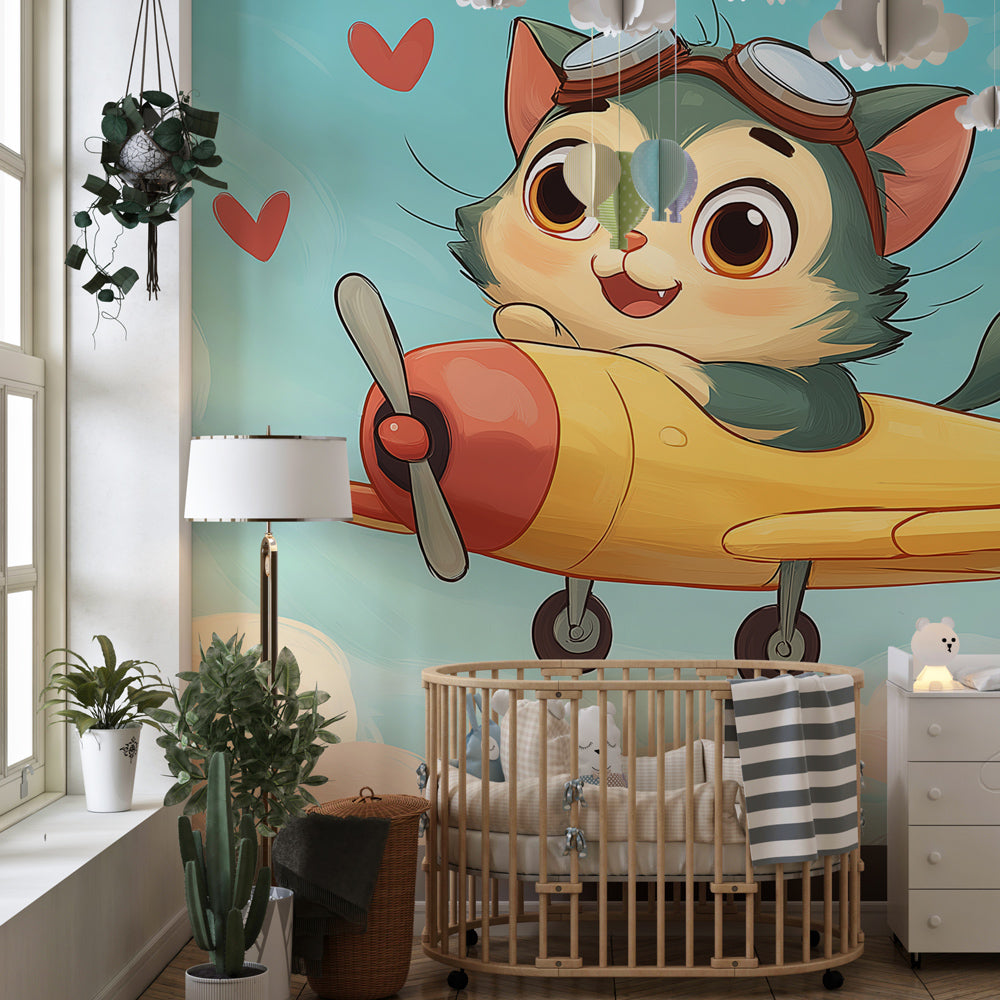 Whimsical pilot cat mural wallpaper creating magical playroom atmosphere for children