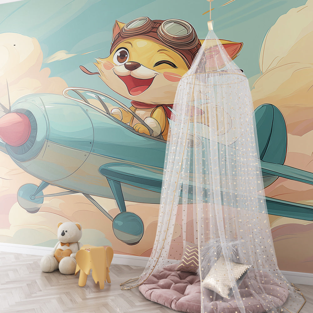 Aviation themed mural wallpaper with pilot kitten creating dreamy children's room atmosphere