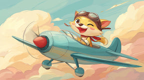 Detailed pilot kitten aviation mural wallpaper design pattern with vintage airplane by Kids-Mundo