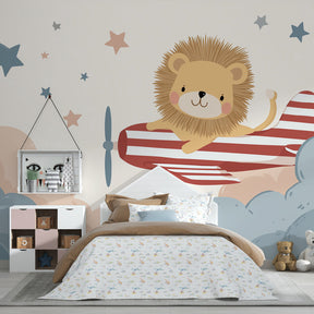 Charming lion pilot wallpaper transforming kids playroom into aviation adventure space