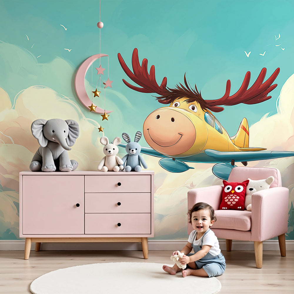 Pilot moose mural wallpaper creating aviation-themed nursery decor with yellow airplane and clouds by Kids-Mundo