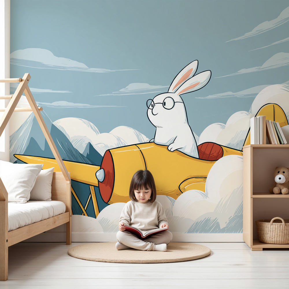 Pilot rabbit flying airplane mural wallpaper in modern kids nursery room by Kids-Mundo