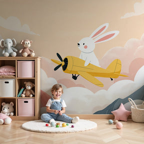 Pilot rabbit mural wallpaper creating magical aviation-themed nursery decor by Kids-Mundo