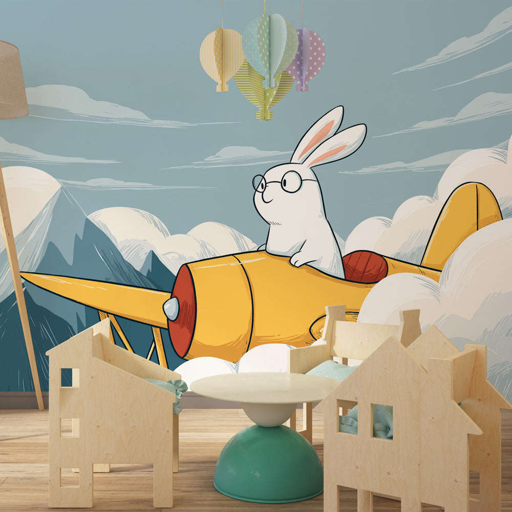 Whimsical rabbit aviator mural wallpaper transforming kids playroom into sky adventure space