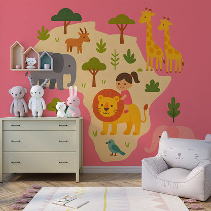 Pink safari adventure map wall mural by Kids-Mundo styled in a girl's kids bedroom