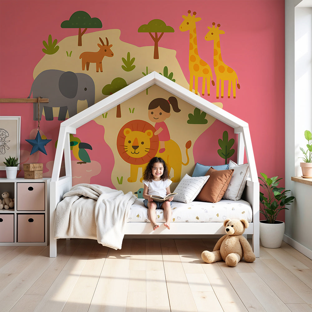 Kids-Mundo pink Africa safari wall mural with a girl riding a lion in a nursery