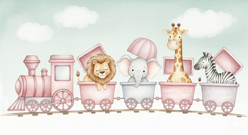 Pink Watercolour Animal Train Wall Mural