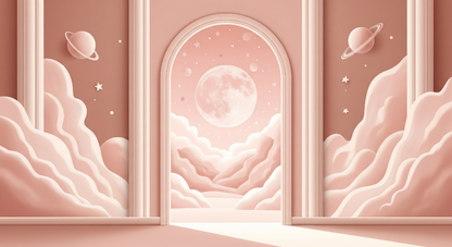 Kids-Mundo flat artwork for the pink archway moon wall mural, showing clouds, planets and a glowing moon